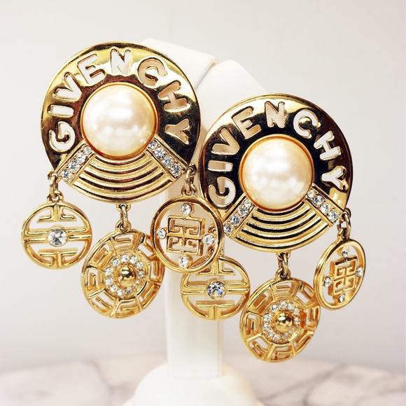 Givenchy, Jewelry, Vintage Givenchy Logo Pearl Crystal Earrings